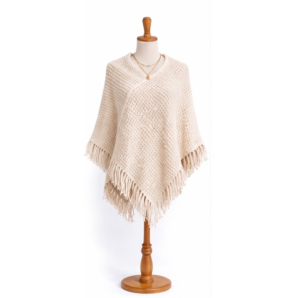 Womens Cream Ivory Waffle Knit Fringe Poncho Shawl One Size Boho Cape Wrap